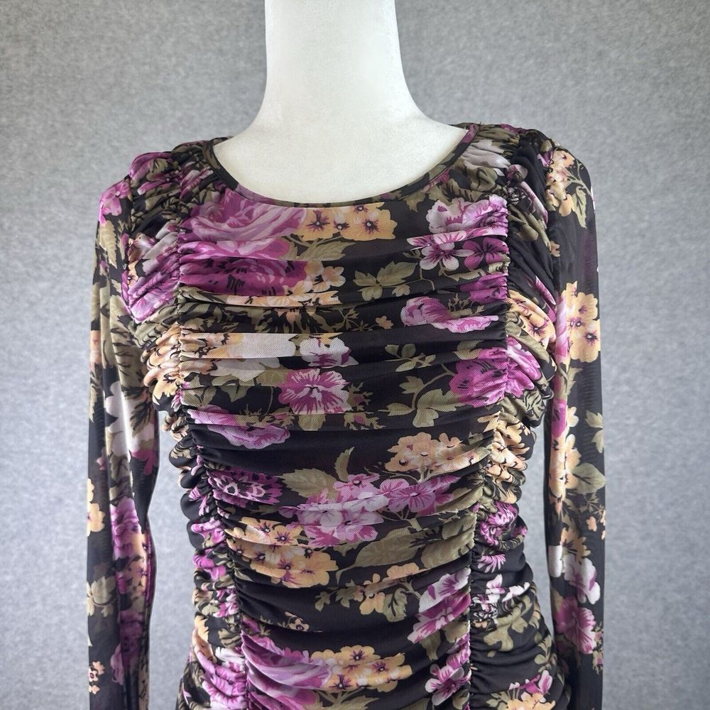 Anthropologie Maeve Sheer Ruched Retro Disco Mesh Long Sleeve Size S Scoop Neck - Picture 4 of 12